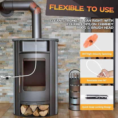 Cleancraft 46 Feet Chimney Sweep Kit, Chimney Cleaning Kit with 14 Flexible White Chimney Rods, Chimney Brush for Sweeping Fireplace, Rotary Chimney Cleaning System Driven by Drill