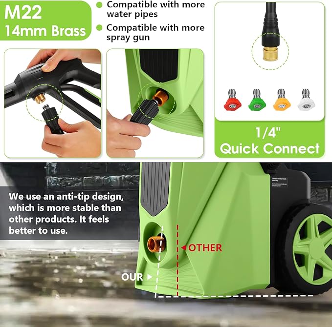 Electric Pressure Washer 5000 PSI,2.8 GPM Power Washer with Foam Cannon,Portable Cleaner with 33ft Hose Reel,4 Nozzle Tips,and Soap Bottle for Cars/Home/Driveways/Patios/Decks/Fences(Green)