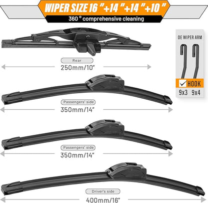 AUTOBOO 16"+14"+14" Windshield Wipers with 10" Rear Wiper Blade Replacement for Toyota FJ Cruiser 2014 2013 2012 2011 2010 2009 2008 2007-Original Factory Quality (Pack of 4)