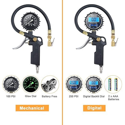 AstroAI Tire Pressure Gauge with Inflator, 100 PSI-ANSI B40.1 Accurate, Large 2.5" Easy Read Glow Dial, Heavy Duty Air Chuck and Compressor Accessories with Rubber Hose and Quick Connect Coupler