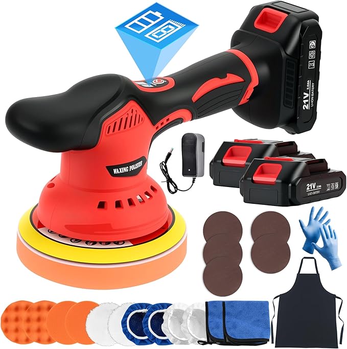 Cordless Car Buffer Polisher Kit with 2x21V Batteries, 6 Inch Car Polisher with 8 Variable Speed 2800-6000RPM & 21 PCS Attachments, Orbital Polisher for Car Detailing, Sanding,Scratch Removing