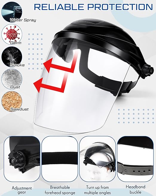 Tellegloww 11 Pcs Safety Face Shield for Grinding and Cutting, Clear Impact Resistant Visor, Full Face Shield Mask with Ratchet Headgear for Grinding, Isolation, Weed Whacking, Industrial Use (Black)