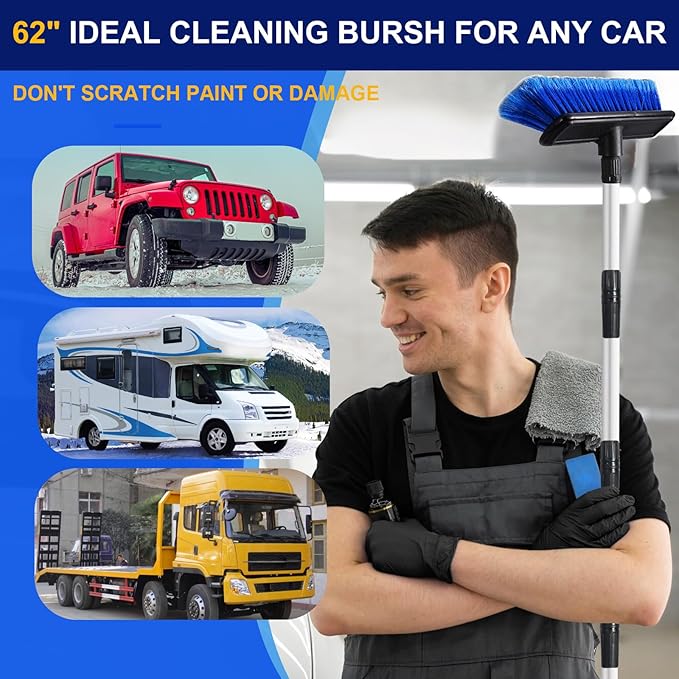 62" Car Wash Brush Mop with Long Handle, 10" Soft Bristle Scrub Scratch-Free Car Cleaning Brush Supplies Broom Kit for RV Boat Truck SUV, House Siding, Snow, Floors, Extension Aluminum Alloy
