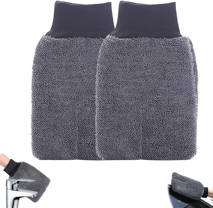 Shiny Glove Cleaning Glove, Shiny Shower Cleaning Gloves, Premium Microfiber, Elastic Cuff, Reusable Washable, Ultra-Soft, for Car Wash Cloth, Glass, Bathroom Chrome Fittings (2)