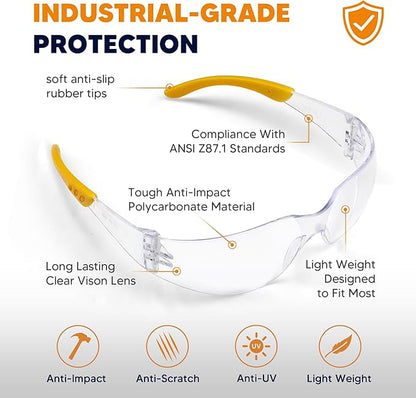 SATTRON Clear Safety Glasses 24PK, Protective Eyewear Polycarbonate Lens with Rubber Temples ANSI Z87.1 Anti-Scratch Impact Resistant Eye Protection for Man Woman Clear Lens/Yellow Frame
