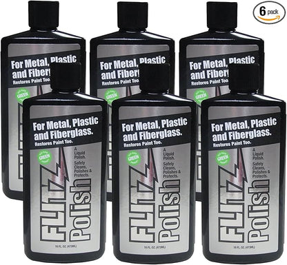 Flitz Multi Purpose Metal Polish Liquid - 16oz Bottle of USA-Made Tarnish Remover - For Aluminum, Chrome, Brass, Nickel, Silver - Non-Abrasive Metal Cleaner and Polish, Restorer (6 Pack)