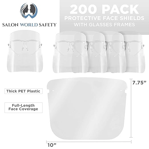 TCP Global Salon World Safety Face Shields with All Clear Glasses Frames (Case of 200) - Ultra Clear Protective Full Face Shields to Protect Eyes, Nose, Mouth - Anti-Fog PET Plastic, Goggles