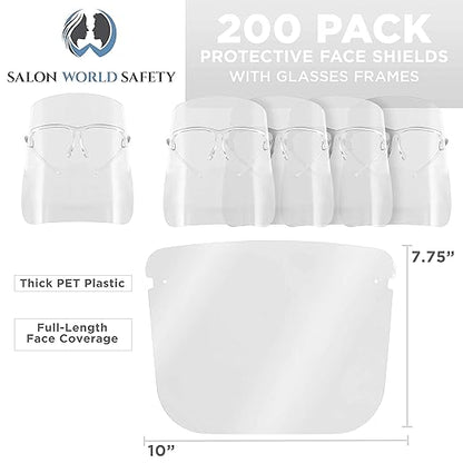 TCP Global Salon World Safety Face Shields with All Clear Glasses Frames (Case of 200) - Ultra Clear Protective Full Face Shields to Protect Eyes, Nose, Mouth - Anti-Fog PET Plastic, Goggles