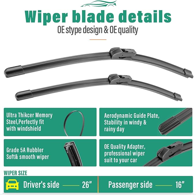 26" 16" 11" Windshield Wiper Blades Replacement for Chevrolet Chevy Trax 2024 2025 Premium All Weather Front Rear Wipers Set - OEM Quality (Pack of 3)