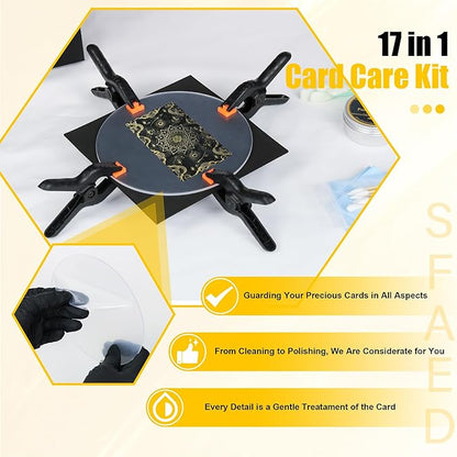 SFAED Card Care Clean Kit,17-in-1 Card Cleaning and Polishing Restoration Kit, Trading Card Cleaning Box with Cleaning Spray and Balck Nitrile Gloves, Suitable for Surface Card Care&Flatten Edges