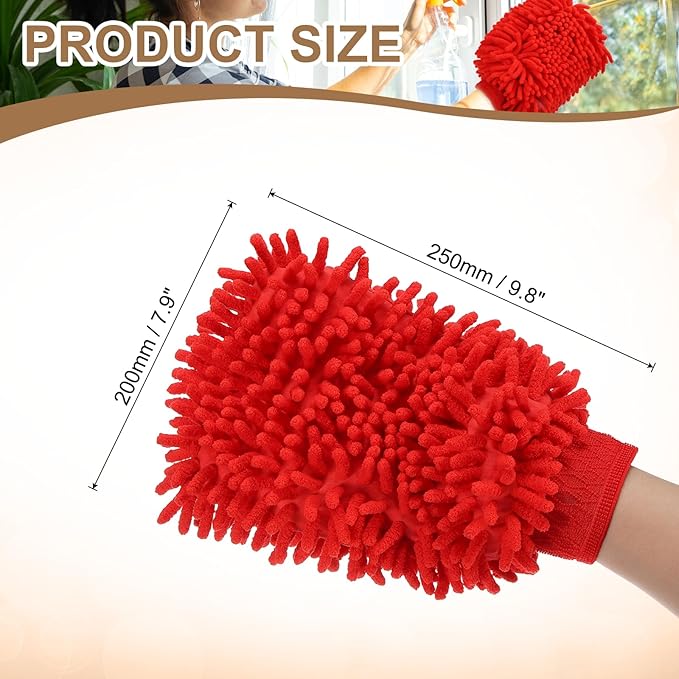 HARFINGTON Chenille Microfiber Car Wash Mitts 9.8" x 7.9" Scratch Free Wash Gloves Absorbent Double Sided Plush Cleaning Drying Mitts for Car Washing Home Red