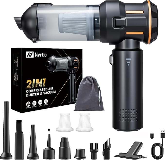 Nvrtio Portable Cordless Mini Car Vacuum Cleaner 16KPa - 80000RPM Brushless Motor Handheld 4-in-1 Compressed Air Duster & Air Blower & Pump Hand Held Vacuum for Car, Home, Office, Camping, Pet