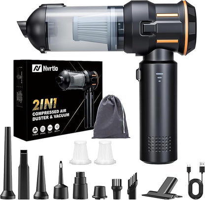 Nvrtio Portable Cordless Mini Car Vacuum Cleaner 16KPa - 80000RPM Brushless Motor Handheld 4-in-1 Compressed Air Duster & Air Blower & Pump Hand Held Vacuum for Car, Home, Office, Camping, Pet
