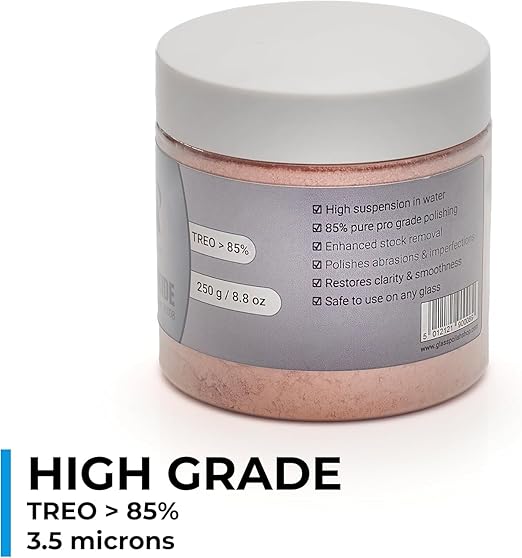 GLASS POLISH Cerium Oxide High-Grade 8.8oz (250g) Professional Glass Polishing Powder – 85% Pure, Enhanced Performance with 3.5 Micron Particle Size