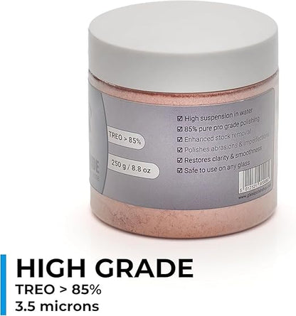 GLASS POLISH Cerium Oxide High-Grade 8.8oz (250g) Professional Glass Polishing Powder – 85% Pure, Enhanced Performance with 3.5 Micron Particle Size