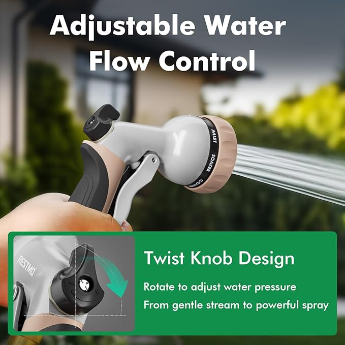 RESTMO Garden Hose Nozzle, Heavy Duty Metal Water Nozzle with 7 Adjustable Spray Patterns, High Pressure Hand Sprayer with Flow Control, for Watering Plants & Lawns, Washing Cars & Pets, Gold