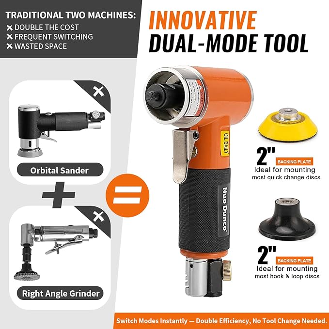NuoDunco 2 Inch Pneumatic Mini Orbital Sander Kit 2-in-1 Air Right Angle Grinder Polisher Kit Surface Prep Tool with 40 Pcs Quick Change + Hook & Loop Sanding Discs for Metal & Woodworking