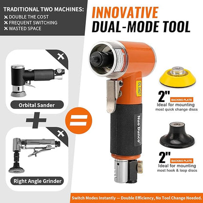 NuoDunco 2 Inch Pneumatic Mini Orbital Sander Kit 2-in-1 Air Right Angle Grinder Polisher Kit Surface Prep Tool with 40 Pcs Quick Change + Hook & Loop Sanding Discs for Metal & Woodworking