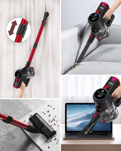 VYKLO V8 Cordless Vacuum Cleaner, Powerful Suction Stick Vacuum, 55Mins Runtime, Wireless Lightweight Handheld Vacuum Cleaner for Home, Hardwood Floor, Carpet, Car, Pet Hair Cleaning (Red)