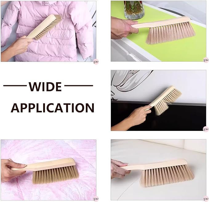 2 Pieces Woooden Dust Brush Hand Broom Bench Brush with Long Wood Handle Whisk Broom Soft Bristle Brush for Counter Bed Sofa Car Fireplace Clothes Household Cleaning (Brown,Beige)