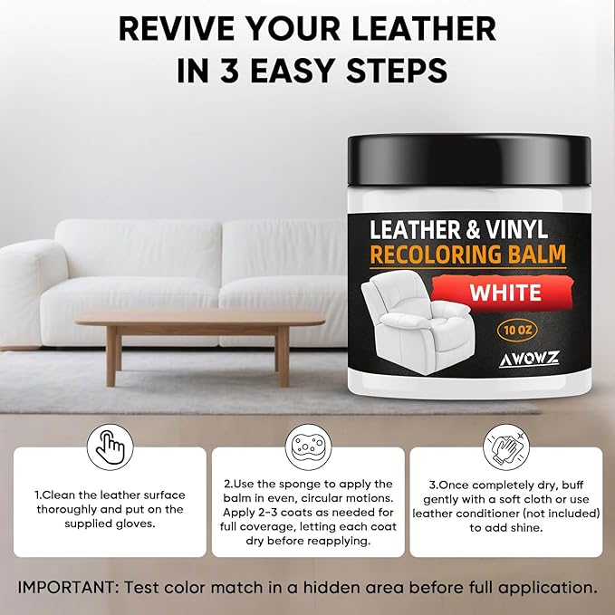 AWOWZ Leather Recoloring Balm - Scratch Repair & Color Restore Kit for Faded Leather, Leather Couch & Car Seats - 10OZ Leather Restorer Balm for Furniture, Auto Interior, Vinyl, Accessories (White)