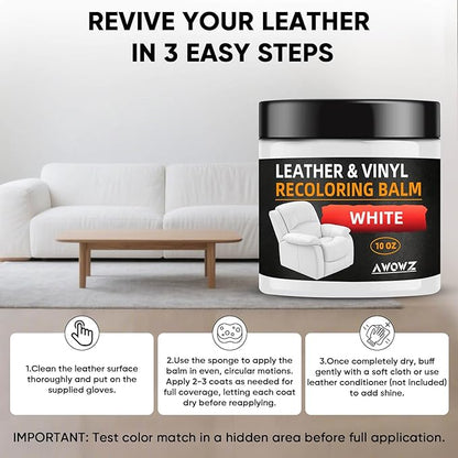 AWOWZ Leather Recoloring Balm - Scratch Repair & Color Restore Kit for Faded Leather, Leather Couch & Car Seats - 10OZ Leather Restorer Balm for Furniture, Auto Interior, Vinyl, Accessories (White)