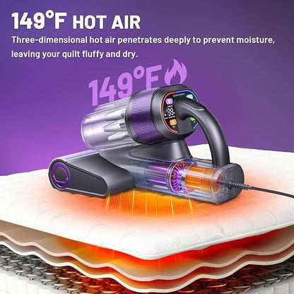 LED Display Mattress Vacuum Cleaner, 18Kpa Bed Vacuum Cleaner with 253.7nm UV-C Light, 149℉ Heat, Triple-Cup Versatile Handheld Vacuums for Bed Sofa Carpets Pet Hair