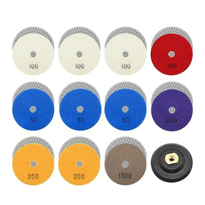 EATAKWARD 11Pcs Diamond Polishing Pads 4 Inch with 1Pc Backer Pad Diamond Concrete Polishing Pads Wet Dry Set 50 100 200 400 800 1500 Grit for Granite Concrete Marble Quartz Polishing 11+1 Pack