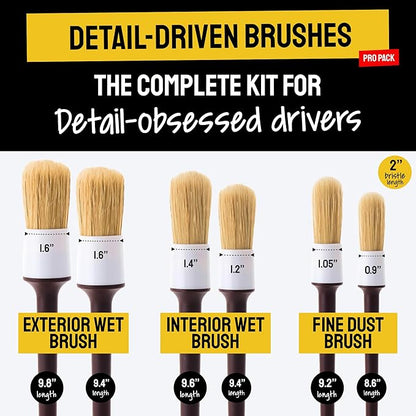 Boar Hair Detailing Brush Set - 9-Pack - Includes Wheel, Tire Brush & Tire Dressing Applicator - Soft Boar Hair Bristles - Scratch-Free Car Wash - Crevice Tools for Vents & Emblems