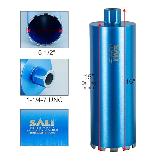 SALI Wet Diamond Core Drill Bits 5-1/2"/142mm Diameter, 15"/380mm Drilling Depth Concrete Core Drill Bit, 1-1/4-7" Thread Core Bit Turbo Laser-Welded Segments with Rebar, Brick, Block, Masonry, Stone