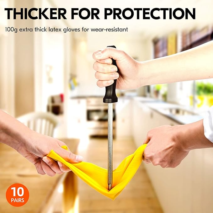 Vgo... 10-Pairs Reusable Household Gloves, Rubber Dishwashing gloves, Extra Thickness, Long Sleeves, Kitchen Cleaning, Working, Painting, Gardening, Pet Care (Size L, Yellow, HH4601)