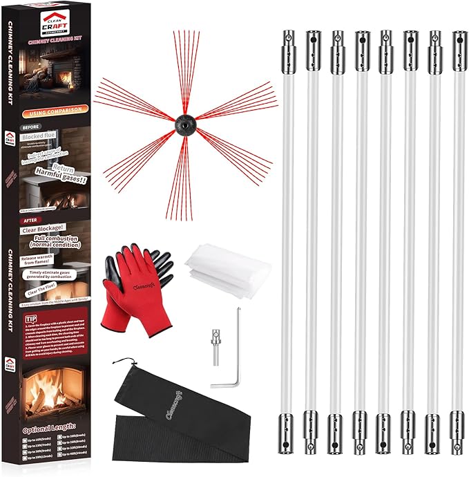 Cleancraft 26 Feet Chimney Sweep Kit, Chimney Cleaning Kit with 8 Flexible White Chimney Rods, Chimney Brush, Rotary Chimney Cleaning System Driven by Drill for Sweeping Fireplace