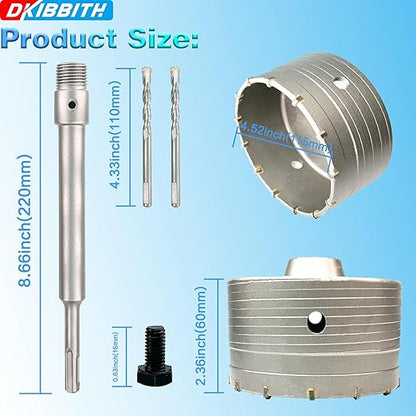 4-1/2" Concrete Hole Saw, 115mm Tungsten Steel Core Bit for Cinder Block, Brick, Rock, Plank Walls for Pipes or mini Split Lines, with SDS Plus Shank and 2 Center Positioning Drill Bits.
