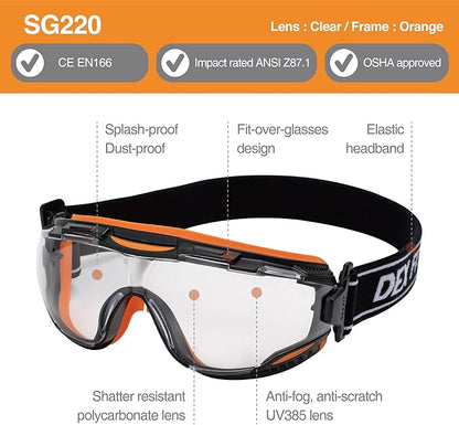 DEX FIT Protective Safety Goggles SG220; Anti Fog & Scratch, Z87 Eye Protection for Lab, Science, and Chemistry Work, Adjustable for Women and Men, (Black & Orange Frame, Clear Lens, 19cm Strap)