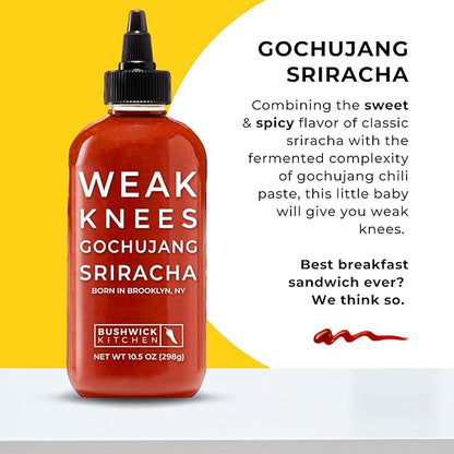 Bushwick Kitchen Sriracha Sampler Gift Box, Set Includes Gochujang Sriracha, Super Spicy Gochujang Sriracha, Curry Sriracha Hot Sauce, 5 Recipes, Chile Pepper Dish Towel, and Bushwick Kitchen Gift Box