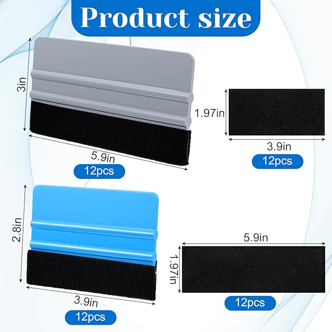24 Pack Vinyl Wrap Squeegee, 4 Inch and 6 Inch Felt Edge Squeegee Tool with Replacement Felts Fabric, Blue and Gray Window Film Tint Applicator for Car Wrap, Decals, Wallpaper Installation