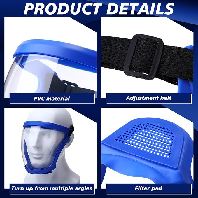 Relaxweex 4 Pack Super Protective Face Shields with Filter Pad for Grinding and Cutting Plastic Full Face Masks Bulk for Woodworking (Blue)