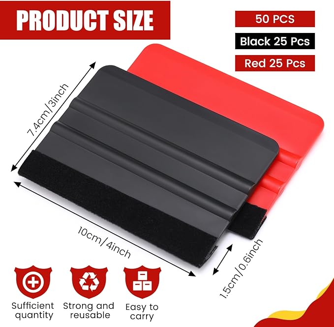 Lasnten 50 Pcs Plastic Vinyl Squeegee 4 Inch Felt Edge Squeegee for Car Window Windshield Glass Cleaning Tool Vinyl Scraper Decal Applicator Tool with Black Fabric Felt Edge (Red, Black)