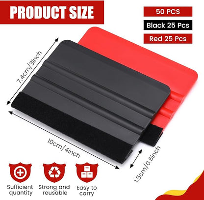 Lasnten 50 Pcs Plastic Vinyl Squeegee 4 Inch Felt Edge Squeegee for Car Window Windshield Glass Cleaning Tool Vinyl Scraper Decal Applicator Tool with Black Fabric Felt Edge (Red, Black)