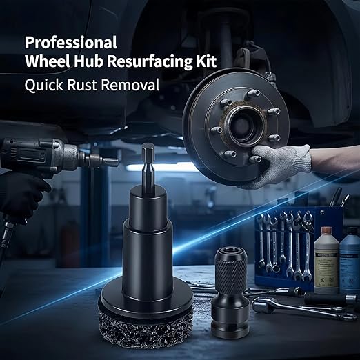 Wheel Hub Resurfacing Kit with 10 Grinding Pads, 1 Car Wash Mitt & 2 Polishing Sponges for Automotive Maintenance, Quick Rust Removal for Lug Studs and Rotors, Fits 1/2” Wrenches or Electric Drill