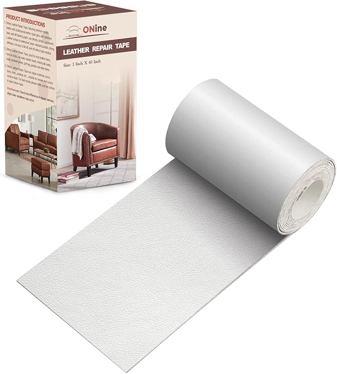 ONine Leather Repair Patch，Leather Repair Tape, 3 x 60 inches Leather Repair Patch for Furniture,Vinyl Repair kit，Leather Couch Patch，for Sofas, Furniture, car Seats(White)