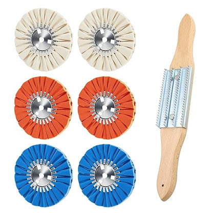 QZATTCAEN Airway Buffing Wheel Kit 7 PCs (2 White, 2 Orange, 2 Blue, 1 Rake) 8" Diameter 5/8" Arbor Hole 16 Ply for Angle Grinder