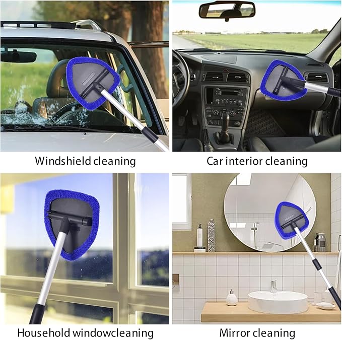 Windshield Cleaner, Car Windshield Cleaning Tool with 3 Reusable and Washable Microfiber Pads and Extendable Handle Microfiber Car Window Cleaner