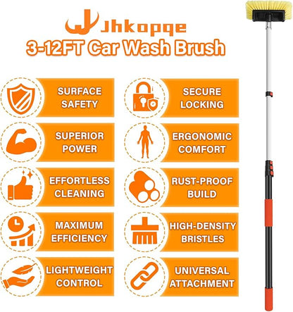 12FT Car Wash Brush with Extension Pole - Telescoping Long Handle Cleaning Tool with Non-Scratch Soft Bristles - Heavy Duty Aluminum Pole for RV, Truck, Boat, Solar Panels & High Windows