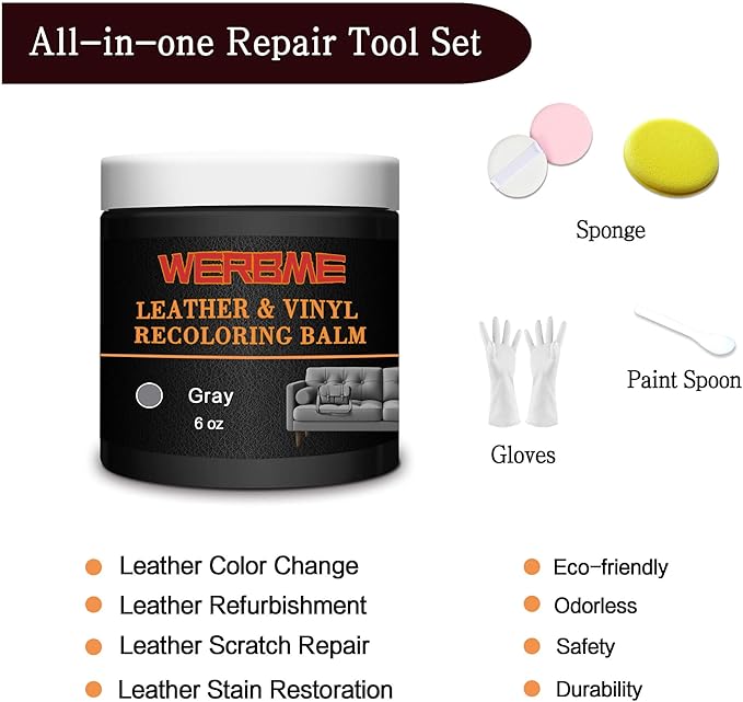 WERBME Leather Recoloring Balm & Color Restorer - Multipurpose Dye & Paint for Faded Leather Couches, Car Seats, Shoes | Fix Scratches on Clothing, Furniture & Accessories(Gray)