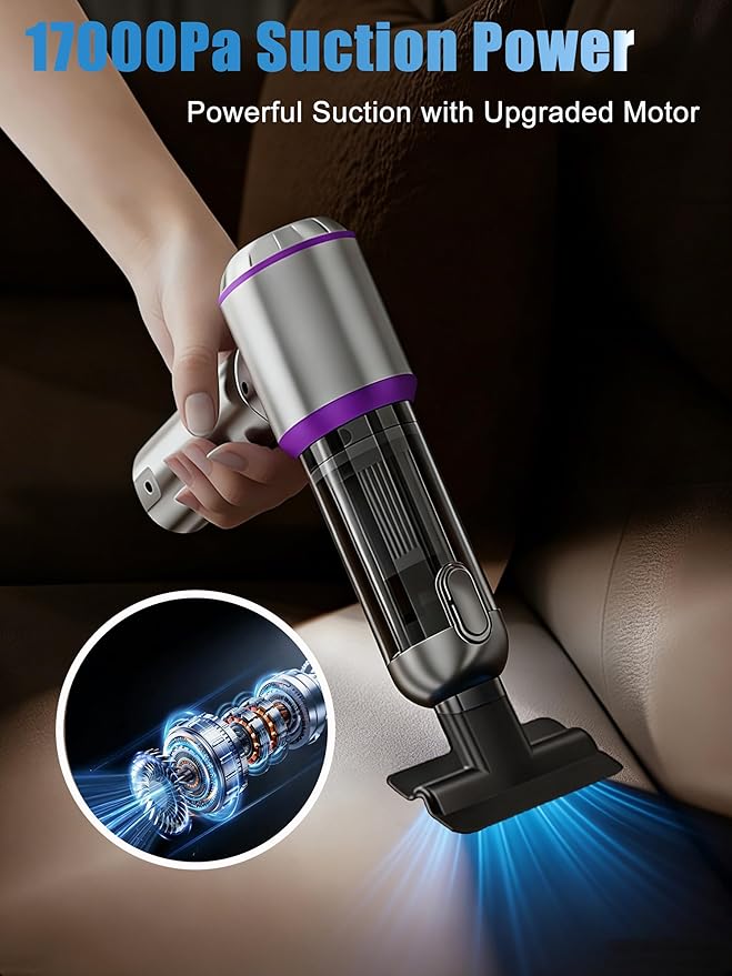 KEVANLY Car Vacuum Portable Cordless,16000Pa Suction Power Handheld Vacuum for Car,Home,Office,Pet Hair Cleaning,with Washable Filter and Replaceable Nozzle, Type-C Charging