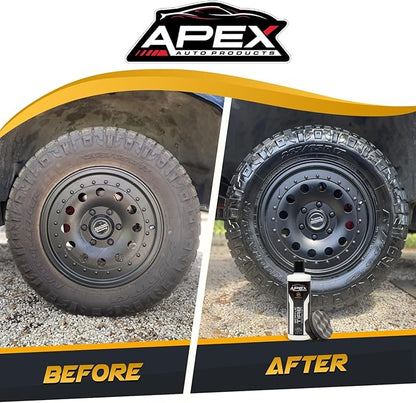 Apex Acrylic Tire Shine and Tire Shine Applicator - 16 oz Semi-Permanent - 6+ Months Durability - Easy to Apply - Fast Drying Car Tire Shine - No Sling - Glossy - Extreme Tire Dressing - Made in USA