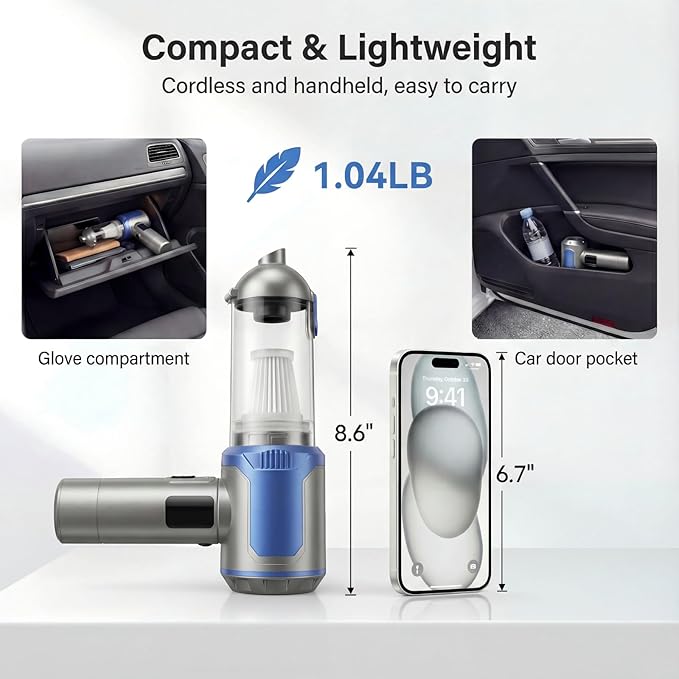 makecatch Handheld Car Vacuum Cleaner, 20000Pa High-Power Cordless Vacuum with 6000mAh Battery, LED Light, Washable HEPA Filter, Large Dust Cup, Lightweight Mini Vacuum for Car/Home/Pet Hair