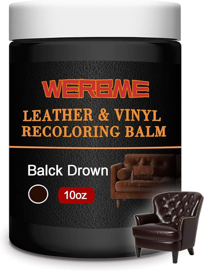WERBME Leather Recoloring Balm & Color Restorer - 10 OZ Multipurpose Dye & Paint for Faded Leather Couches, Car Seats, Shoes | Fix Scratches on Clothing, Furniture & Accessories(Black Brown)