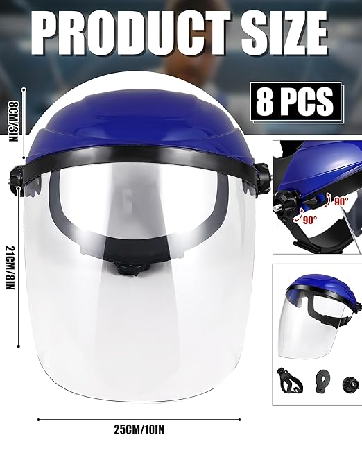 Tellegloww 8 Pack Safety Face Shield for Grinding and Cutting, Full Impact Resistant Face Shield Mask for Work Chemical Woodworking (Blue)